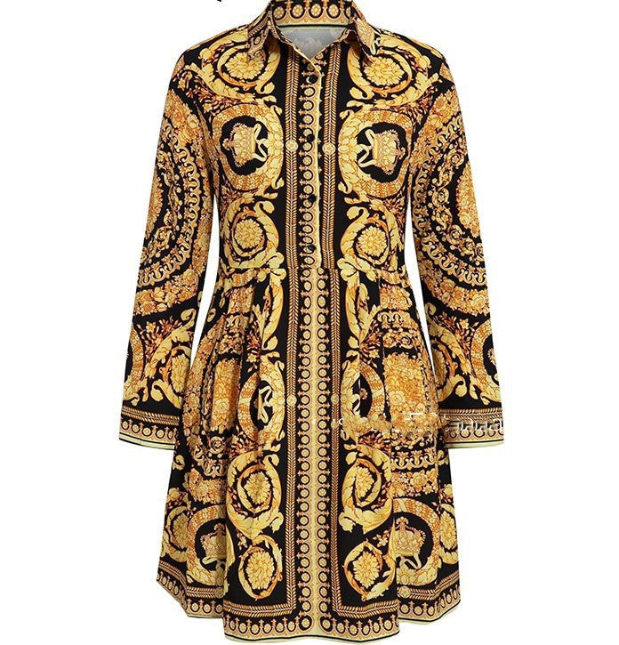 Totem print shirt collar dress