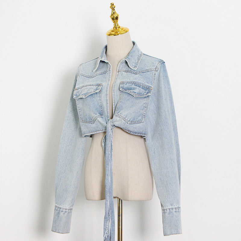 Cropped Cropped Denim Jacket With Tie At The Chest