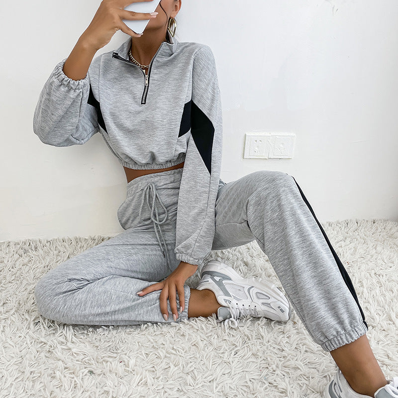 Costume de sport à col montant pour femmes européennes et américaines, sweat-shirt de couleur contrastée, ensemble deux pièces, automne et hiver