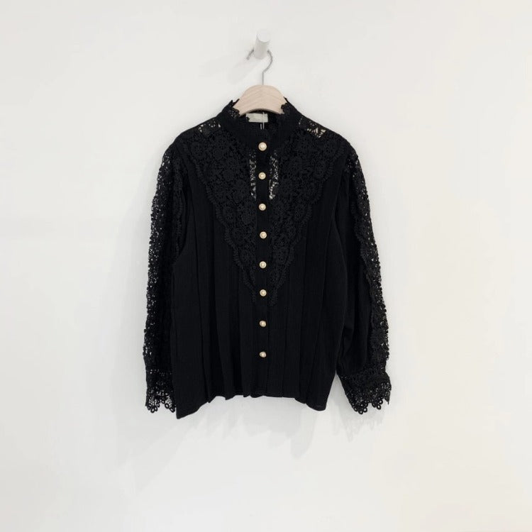 Sweet Stand Collar Long Lace Panel Long Sleeve Shirt Top