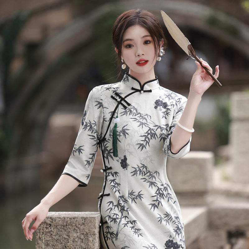 Women's Chinese Suede Printed High-end Elegant Graceful Slimming Daily Cheongsam Dress