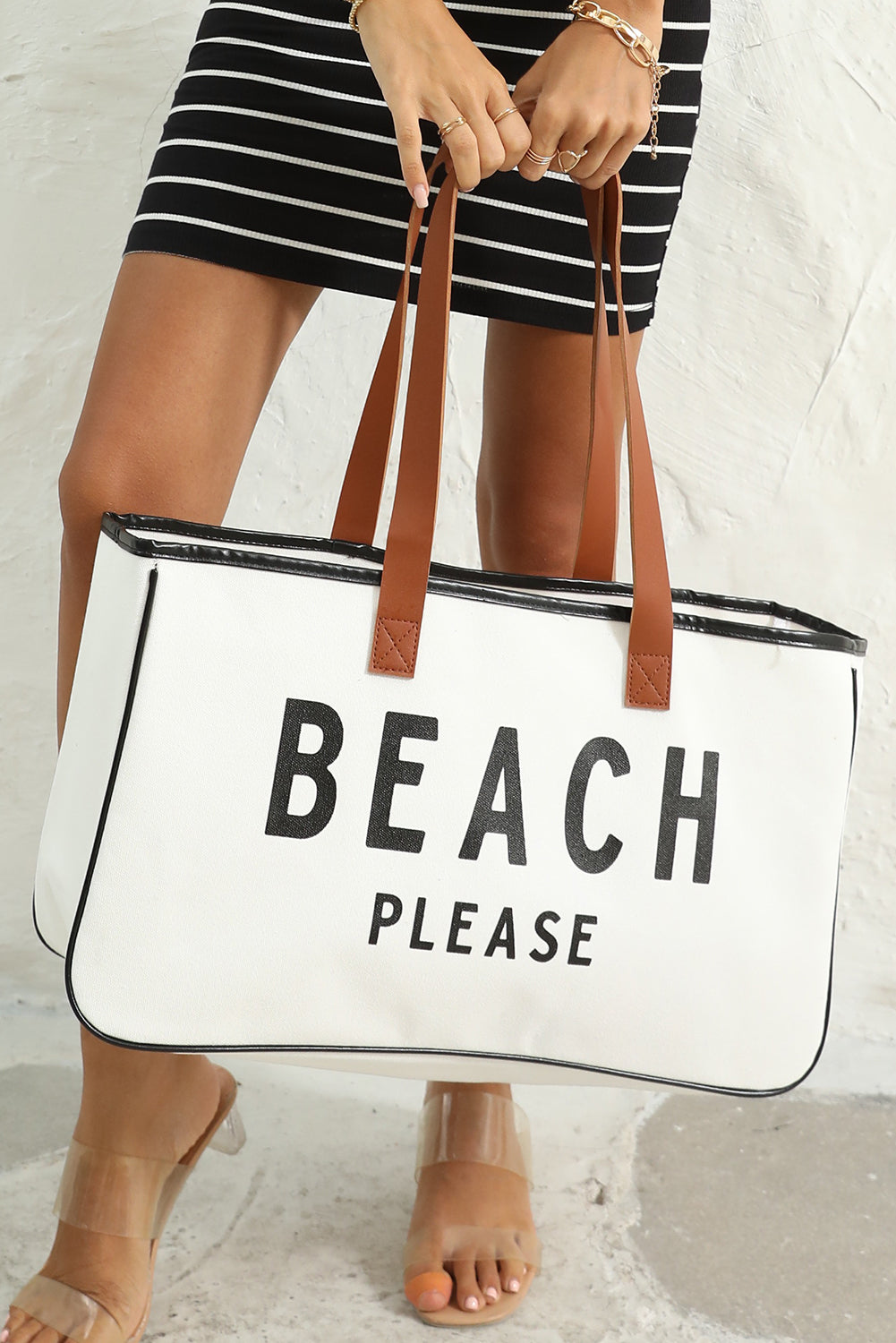 Bolsa tote de lona grande blanca con estampado PLAYA POR FAVOR