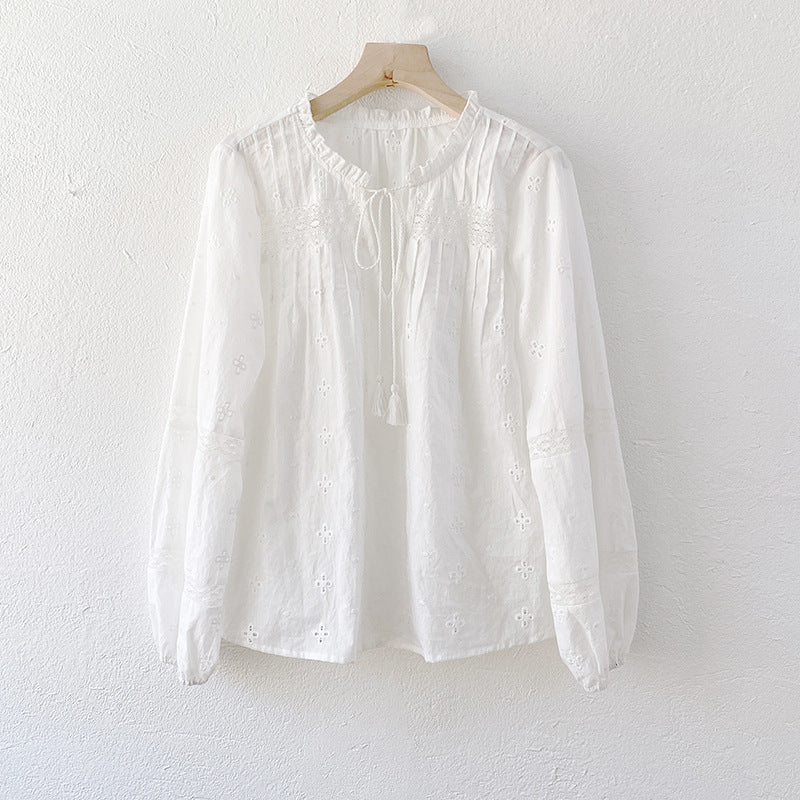 Women's French Long Sleeve White Cotton Embroidered Shirt