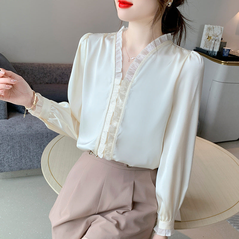 Sweet Wood Ear Chiffon White Shirt Women