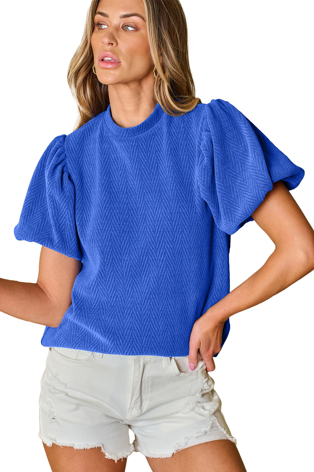 Blusa con cuello simulado y manga abullonada con textura lisa azul cielo