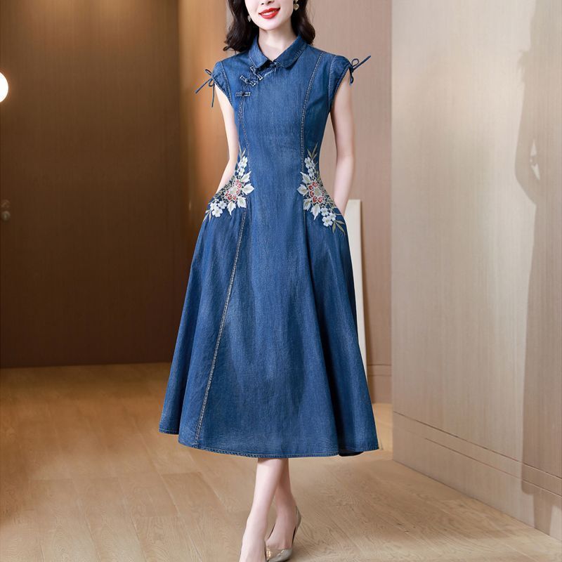 Robe en Denim pour femmes, nouvelle Version modifiée Cheongsam, broderie Machine, rétro, été 2024