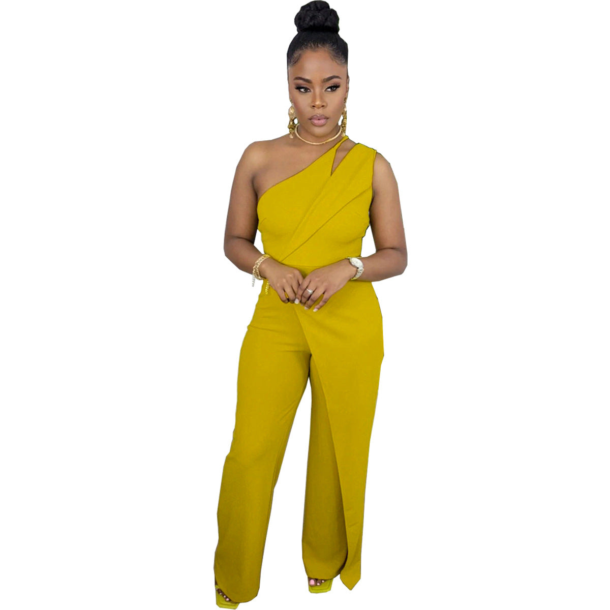 Fashion Casual One-shoulder Back Concealed Zipper Sleeveless Wide Leg Jumpsuit