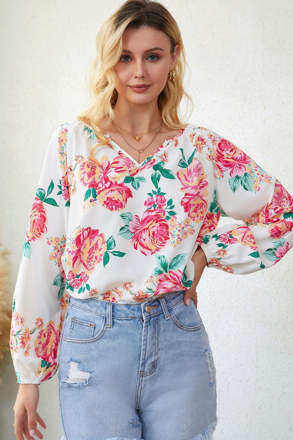 Blusa de manga larga con cuello con muescas y estampado floral de Double Take