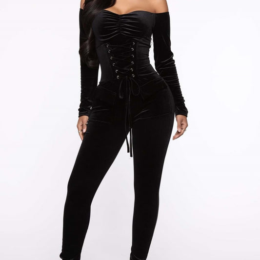 Velvet Off-shoulder Corns Tied Slim Fit Jumpsuit