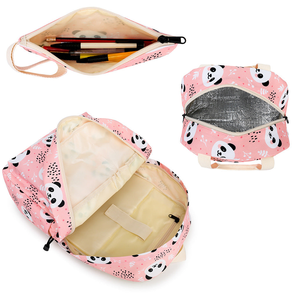 The New Panda Three-piece Set Primary School School Bag Children's Meal Bag Pen Bag