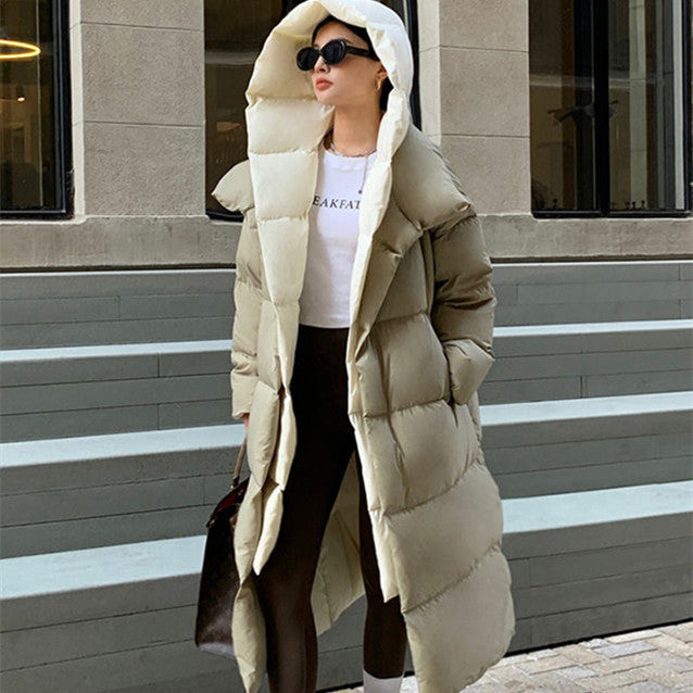 Veste longue chaude à capuche en duvet de canard blanc pour femme