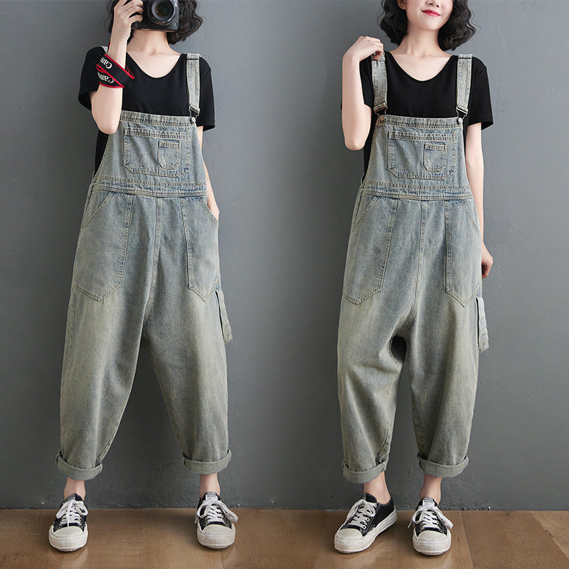 Washed Suspender Loose Denim Overalls