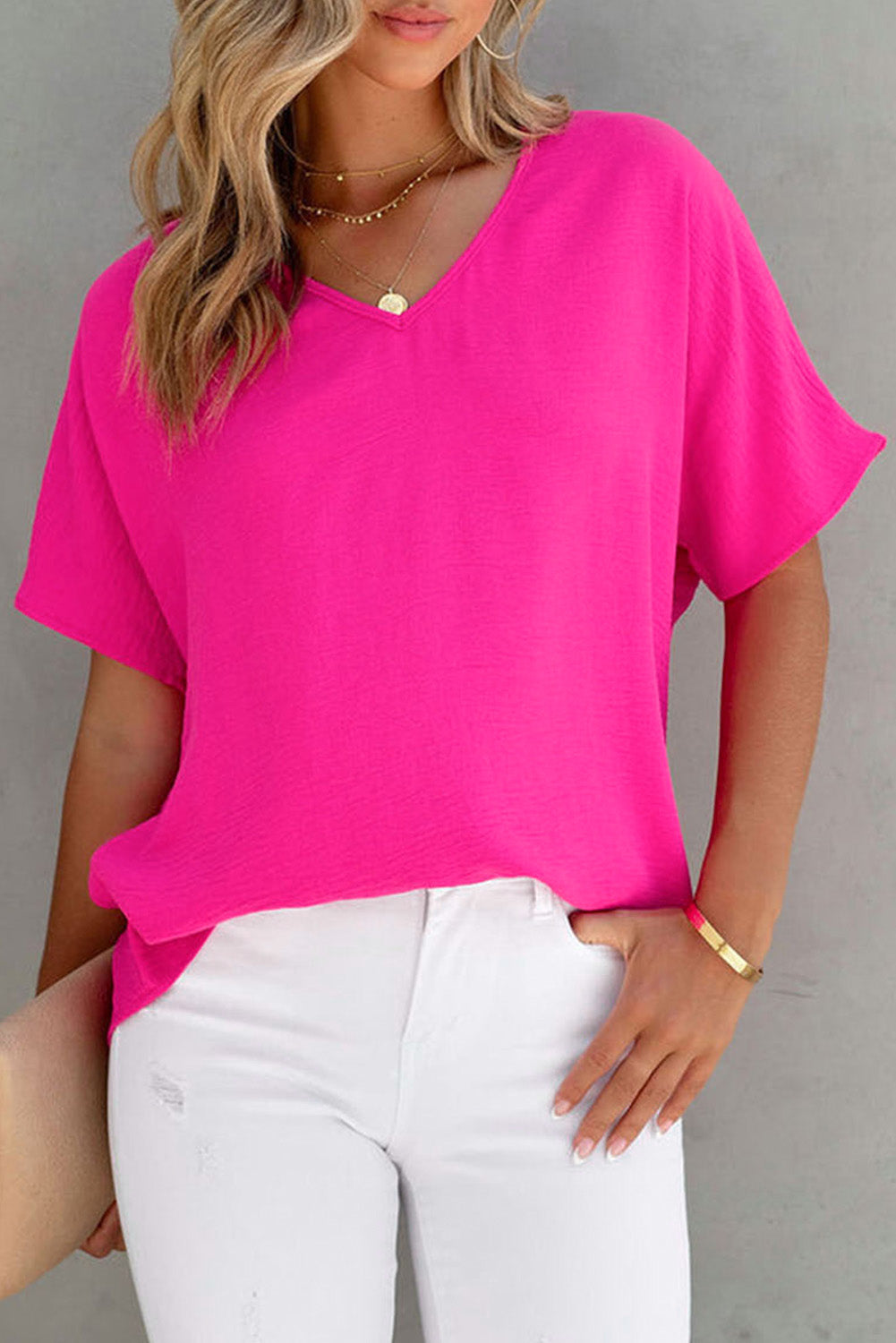 Blusa de manga corta con cuello en V liso rosa