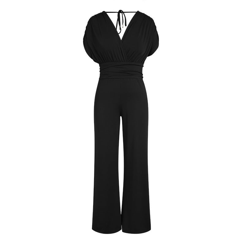 Women's Solid Color And V-neck Waist Trimming Loose Wide-leg Jumpsuit