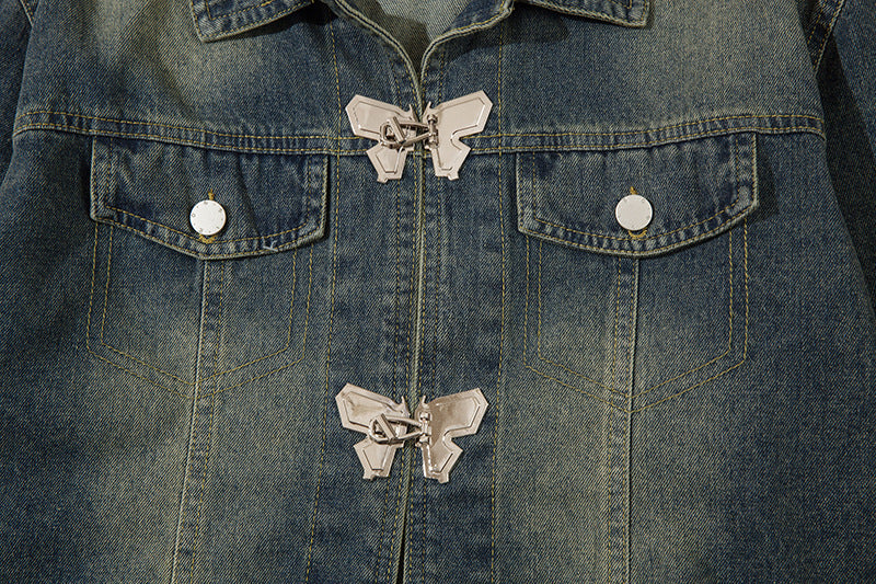 American Retro Distressed Butterfly Metal Buckle Design Short Denim Coat