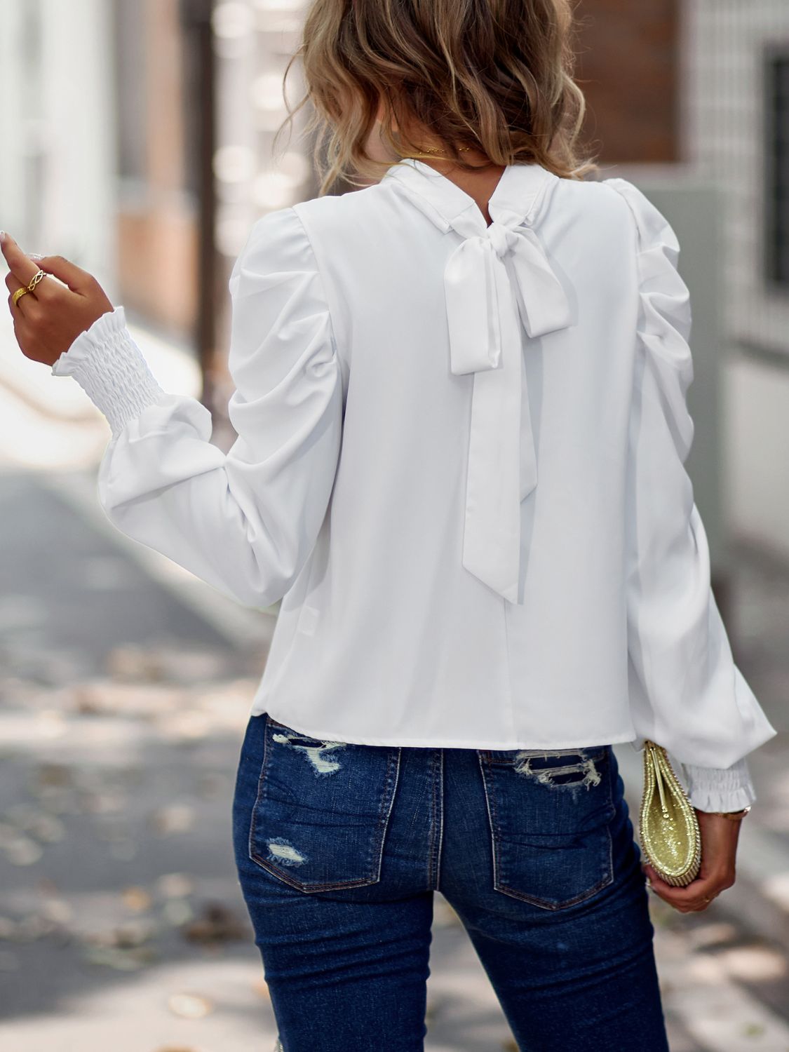 Tie-Back Puff Sleeve Mock Neck Blouse