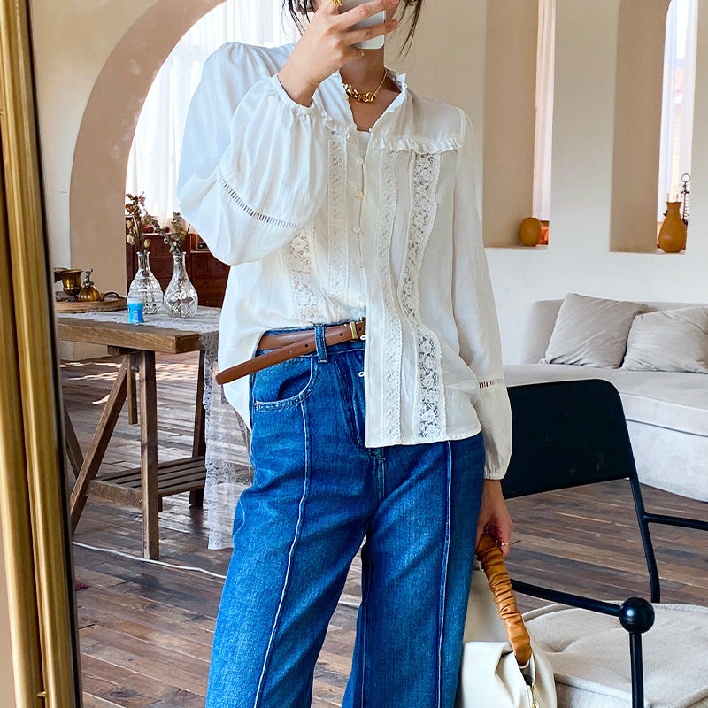 Chemise française simple et fine à manches longues pour femmes