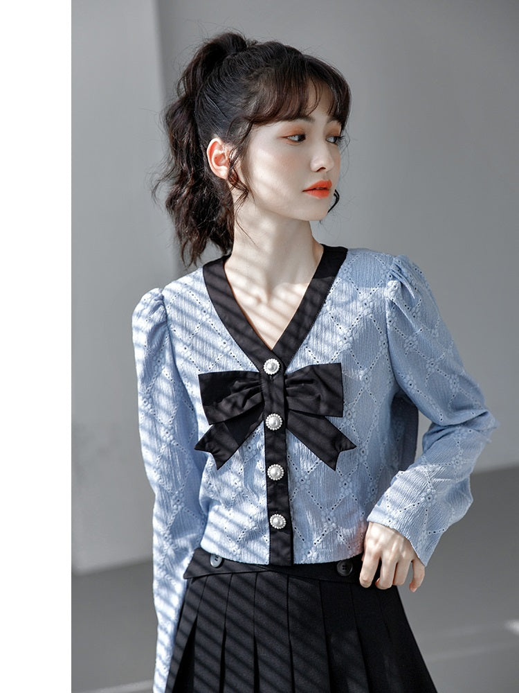 Women's Bow Puff Sleeve Short V-neck Shirt