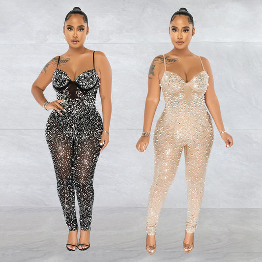 Women's Wear Pure Color Mesh Rhinestone Sleeveless Trousers Jumpsuit