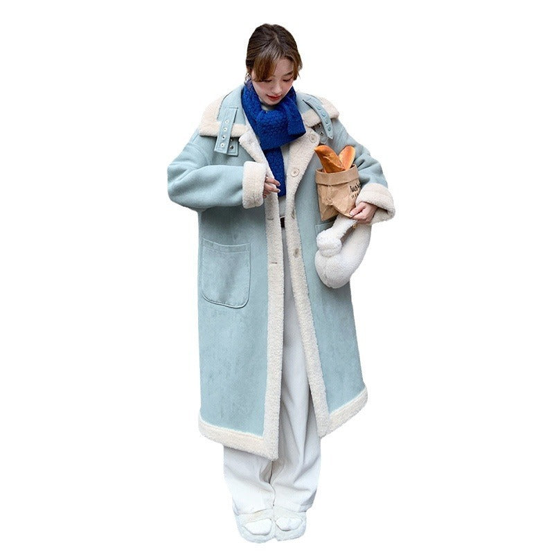 Women's Stand Collar Loose Stitching Design Sweet Cool Long Fur Coat