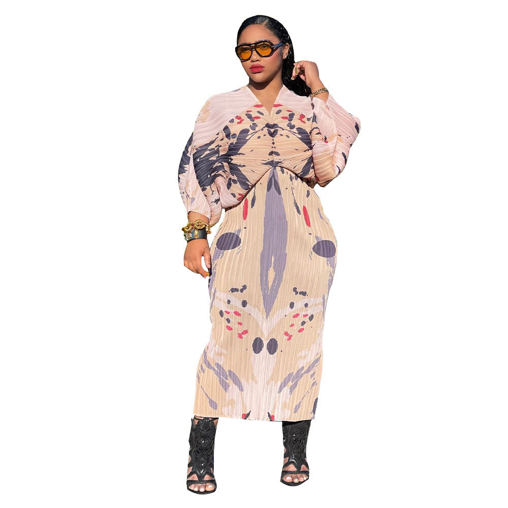 V-neck Batwing Sleeve Printed Dress