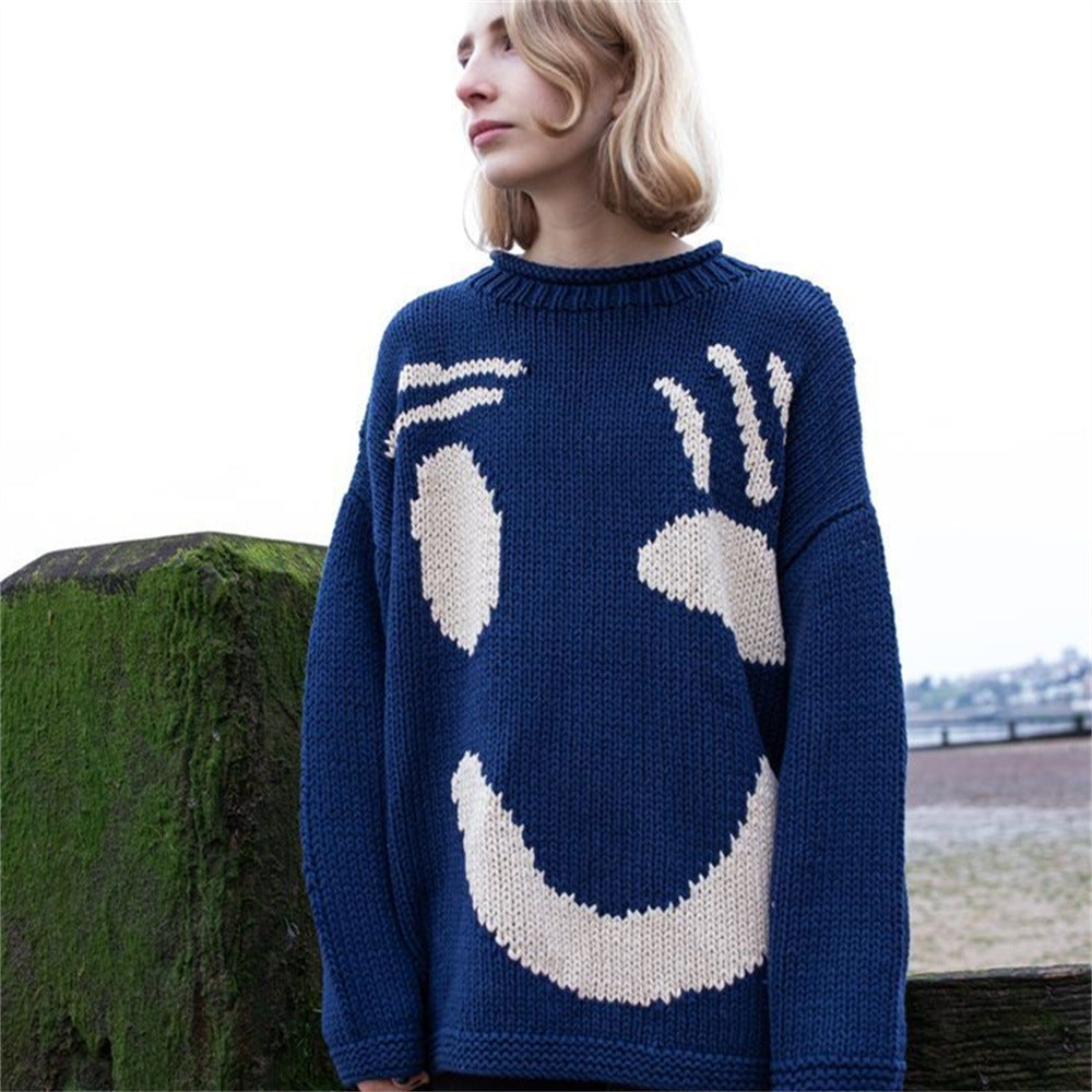 Christmas Smiley Knitted Sweater Women's Long-sleeved Round Neck Yarn-dyed Printed Top Women's