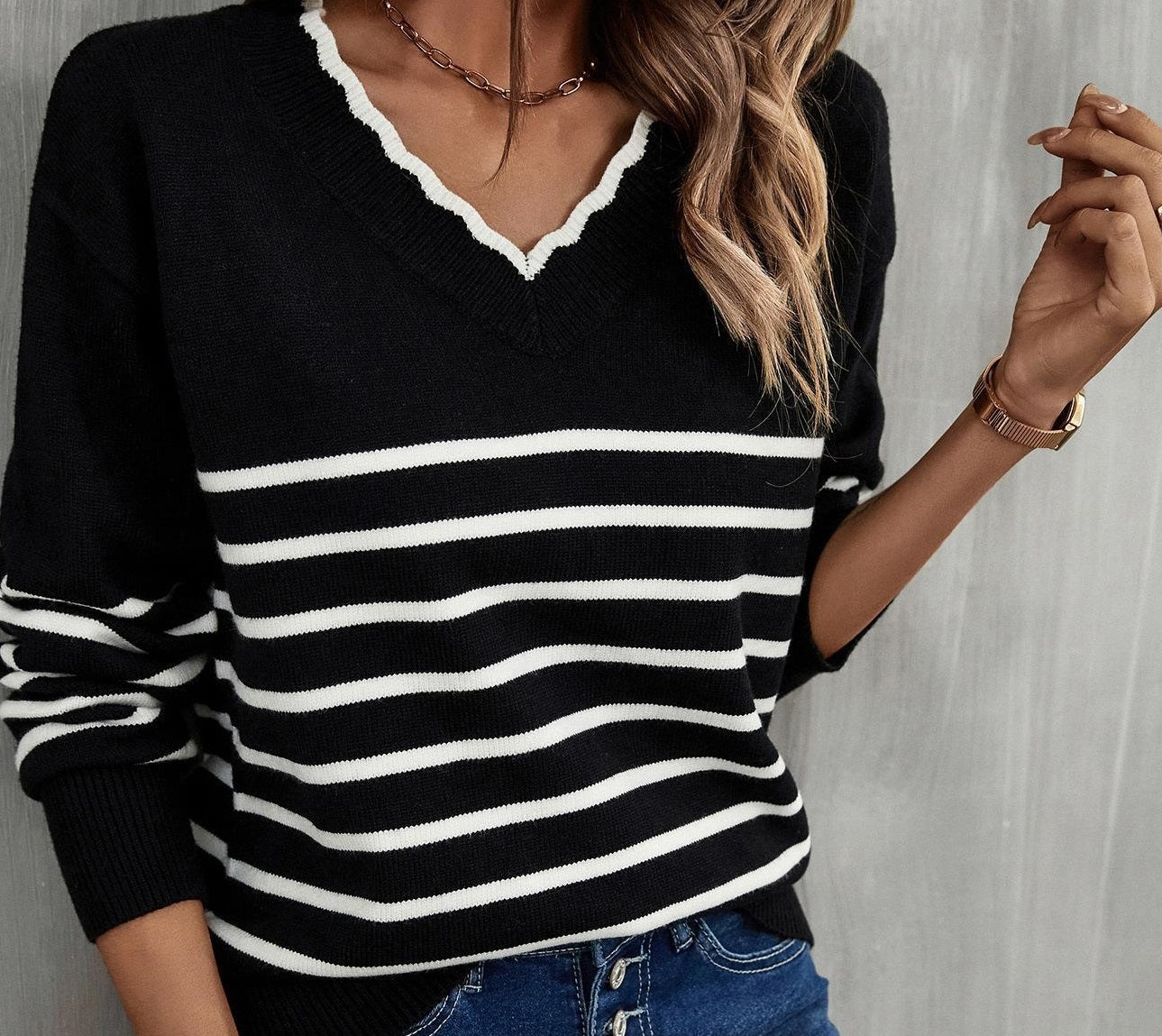 Autumn And Winter New V-neck Striped Sweater Sweater For Women