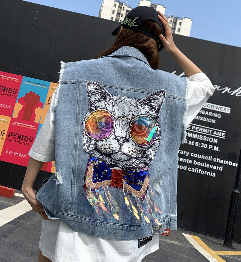 Cat Printing Ripped Sleeveless Denim Top