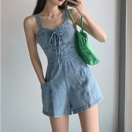 Women's High Waisted And Slim Suspender Denim Suspender Pants