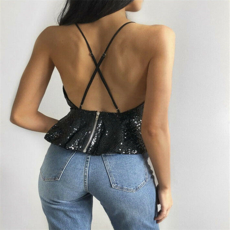 Women Sexy Luxury Sequined Crop Top Peplum Sleeveless Cropp