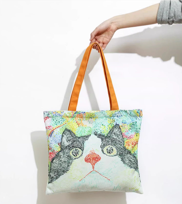 Cat Illustration Shoulder Bag Large Capacity Canvas Bag