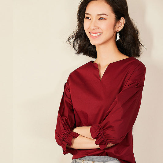 Three-quarter sleeves v-neck shirt cotton loose flared sleeve top