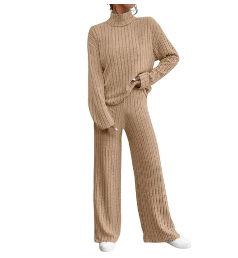 Costume tricoté à col roulé pour femme, pull à manches longues, pantalon ample, ensemble deux pièces, loisirs, automne et hiver