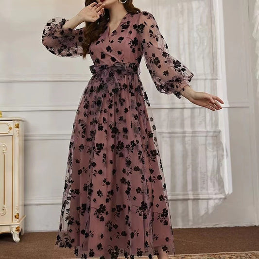 V-neck Long Sleeved High Waisted Floral Mesh Long Skirt For Women