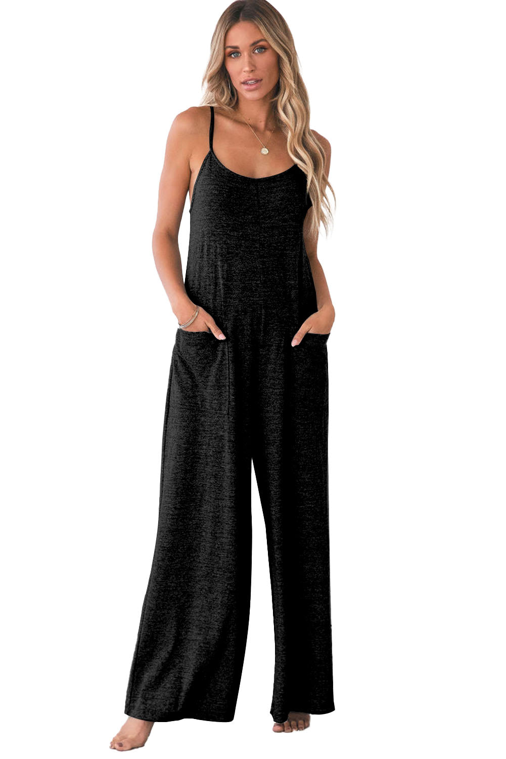 Black Patch Pockets Spaghetti Strap Wide Leg Jumpsuit