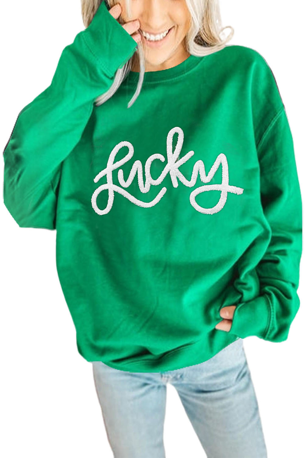 Sweat-shirt vert LUCKY Aphabet Chenille brodé