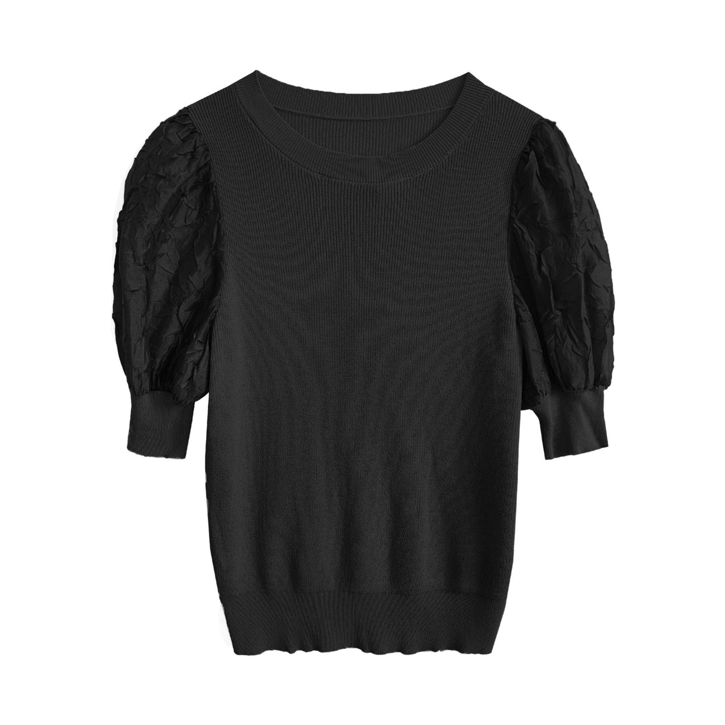 Women's Round Neck Puff Sleeve Knit Top