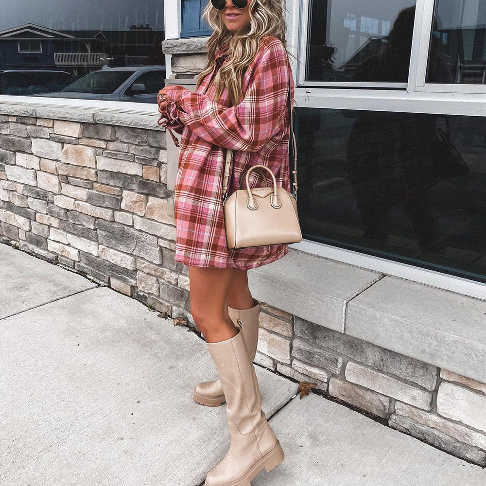 Check Printed Long Sleeve Lapel Loose Casual Shirt Dress