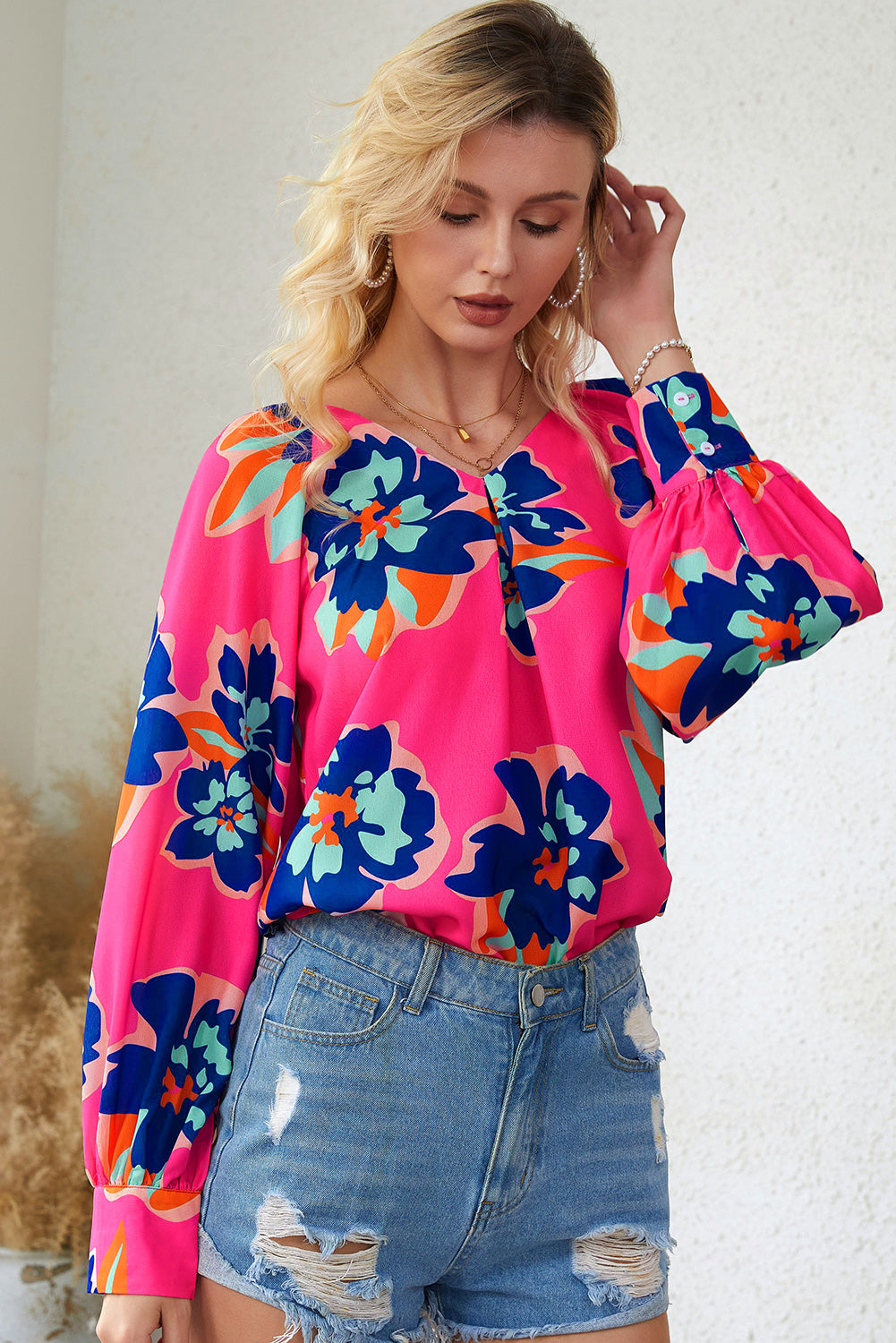 Floral Print V-Neck Lantern Sleeve Blouse