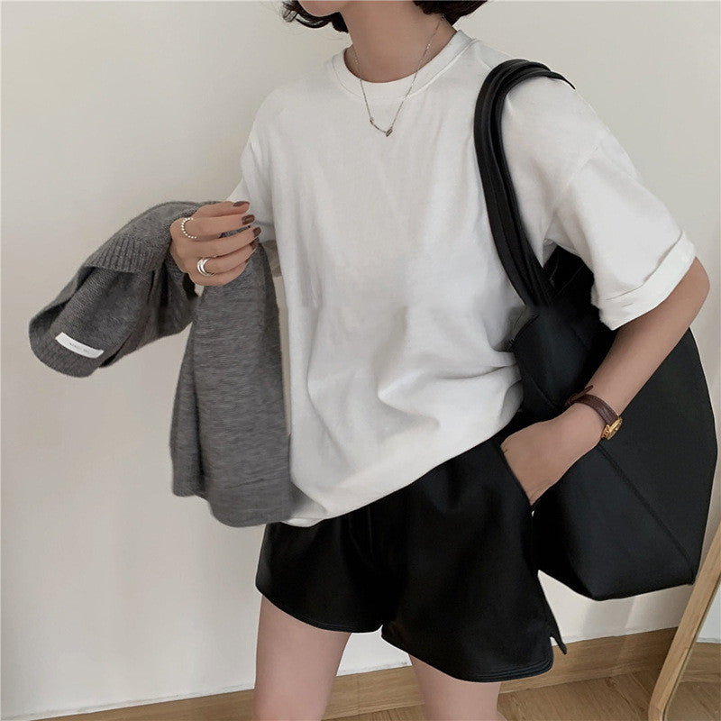 White round neck short sleeve curled bottoming shirt