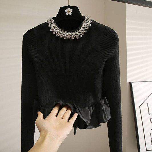 Beaded Design Sense Lace Stitching Black Temperament Sweater Top For Women