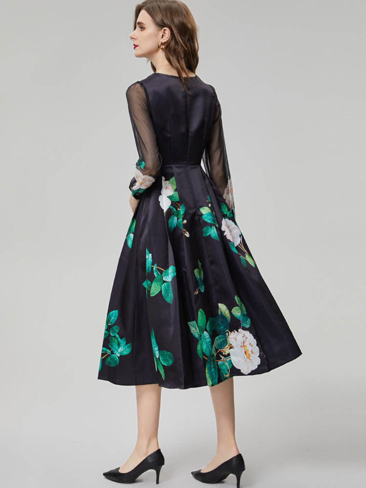 Fashion V-neck Green Printed Long Sleeve Black Mid-length Dress