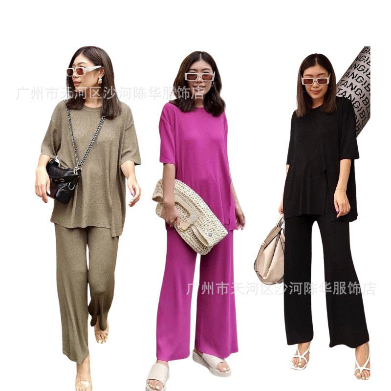 Women's Knitted Ice Silk Two-piece Suit Split Round-neck High Waist