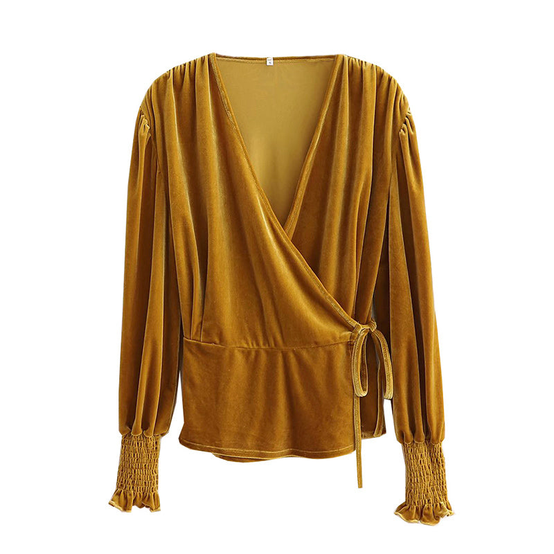 European And American Style French Retro Velvet Blouse V-Neck Lantern Sleeve Lace-Up Shirt