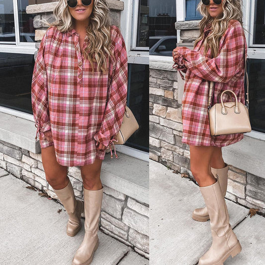 Check Printed Long Sleeve Lapel Loose Casual Shirt Dress