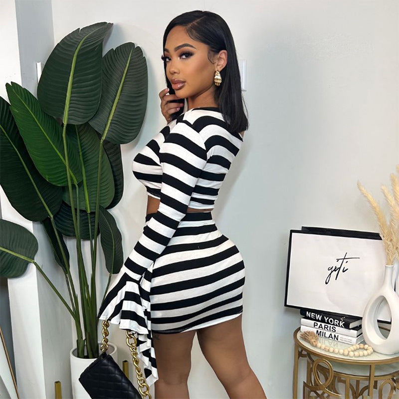 Casual Zebra Prints Cropped Horn Long Sleeve Top Skirt Suit