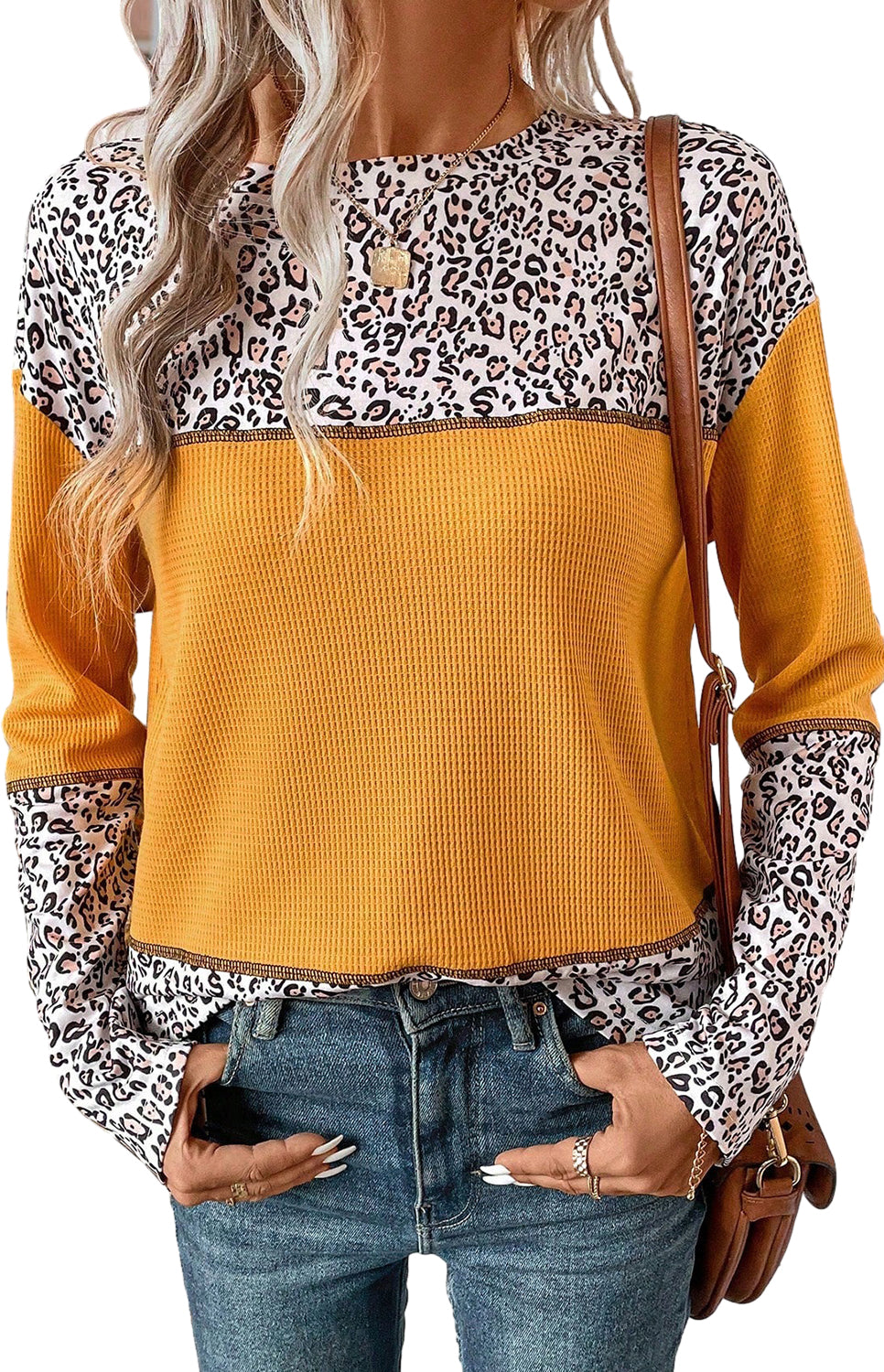 Top de patchwork de punto gofre con estampado de leopardo naranja Vitality