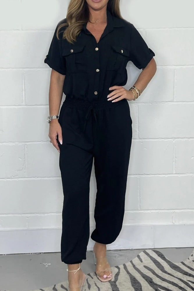 All-matching Solid Color Casual Polo Collar Shirt Wide Leg Jumpsuit For Women