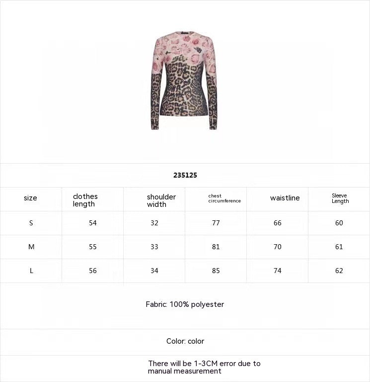 Top ajustado de manga larga con estampado étnico y estampado de leopardo rosa desgastado