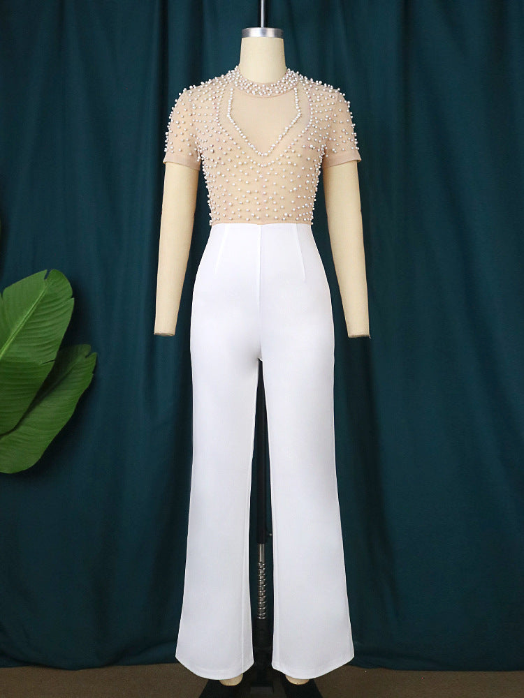 Casual Style High Waist Flattering Round-neck Short Sleeve Beaded Jumpsuit